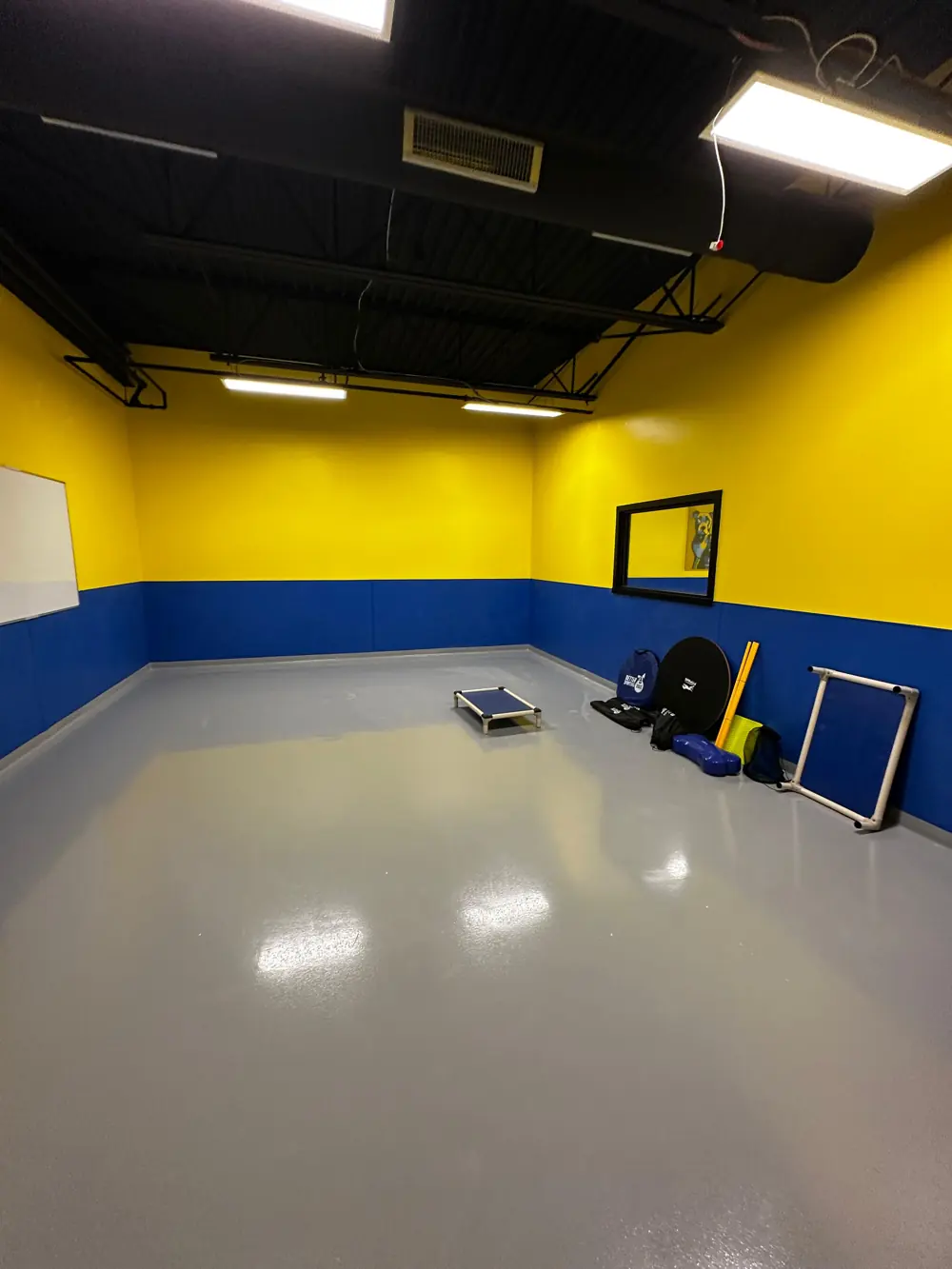 Recreation facility room with yellow and blue walls